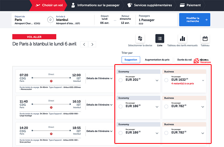 Capture d'écran du site Turkish Airlines